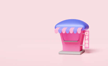 pink blue shop or store front isolated on pink pastel background. Startup franchise business, online shopping concept, 3d illustration or 3d renderの写真素材