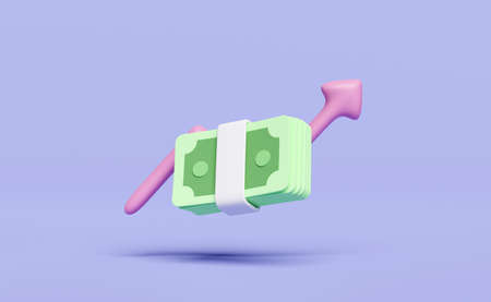 banknote stack icon with pink arrow up isolated on purple background. economic movements or business finance, growing concept, 3d illustration or 3d renderの写真素材