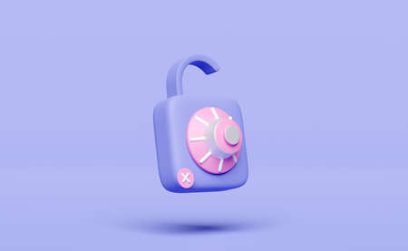 unlocked padlock icon with password insecure isolated on purple background. security data protection, minimal concept, 3d illustration or 3d renderの写真素材
