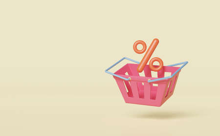 3d discount sales icon for shopping online with pink shopping carts or basket isolated on yellow...