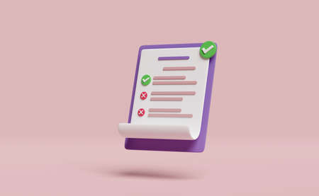 purple clipboard white checklist paper with check isolated on pink background. project plan, business strategy concept, 3d illustration, 3d renderの写真素材