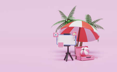 3D social media summer travel with mobile phone, smartphone, tripod, suitcase, umbrella, ball isolated on pink background. online video live streaming, notification concept, 3d render illustrationの写真素材