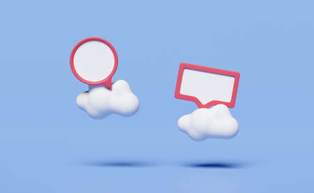 3D pink chat bubbles icons with cloud  isolated on blue background. minimal social media messages concept, 3d render illustrationの写真素材