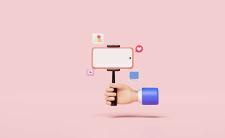 3D social media with hand holding mobile phone, smartphone, tripod icons isolated on pink...