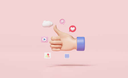 3D social media icons with thumbs up isolated on pink background. online social like, communication applications concept, 3d render illustrationの写真素材