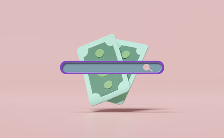 3d search bar blank with banknote icon isolated on pink background. economic movements, business...