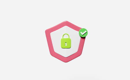 3d shield with lock, padlock, key, checkmark icon isolated on white background. Internet security or privacy protection or ransomware protect concept, 3d render illustrationの写真素材
