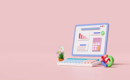 3d financial report charts and graph on laptop screen with search bar, calculator isolated on pink...
