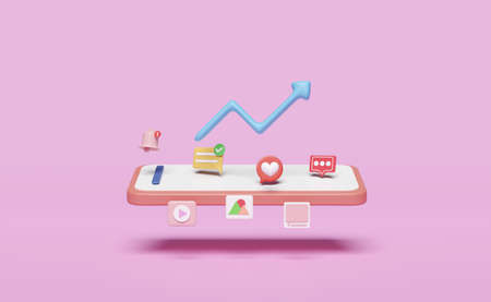 3d social media with mobile phone, smartphone icons, arrow graph isolated on pink background. online...