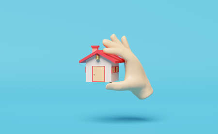 3d cartoon hands holding red house isolated on blue background. 3d render illustrationの写真素材