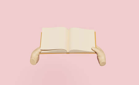 3D Hand holds open book isolated on pink background. idea tip education, knowledge creates ideas concept, minimal abstract, 3d render illustrationの写真素材
