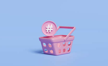 3d Shopping Cart, pink basket, tag search isolated on blue background. minimal concept 3d render illustrationの写真素材