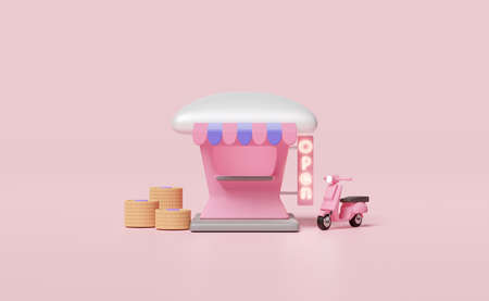 3d building shop store cafe with dollar coins stacks, open sign, scooter isolated on pink background. startup franchise business concept, 3d render illustrationの写真素材