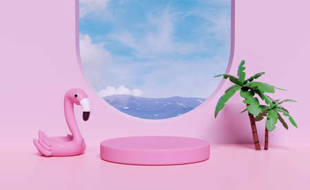 3d pink cylinder stage podium empty with summer sea, Inflatable flamingo, palm tree, blue sky background. abstract geometric cosmetic showcase pedestal, shopping summer sale, 3d render illustrationの写真素材