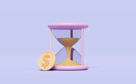 3d pink hourglass with dollar coins isolated on purple background. business growth concept, 3d...