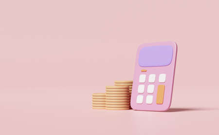 3d pink calculator icon with coins stack for accounting finance isolated on pink background. minimal concept 3d render illustrationの写真素材