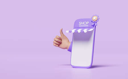 3d mobile phone, smartphone with store front, thumbs up, quality guarantee ribbon and star isolated...