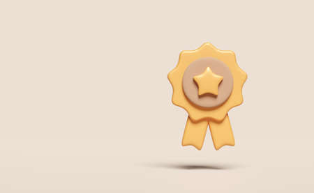 3d winner medal or golden quality guarantee ribbon isolated on beige background. premium quality ribbon, minimal concept, 3d render illustrationの写真素材