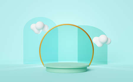 3d green cylinder stage podium empty with cloud, abstract geometric cosmetic showcase pedestal green...