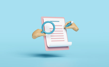 3d check list with hands holding pencil, magnifying glass, clipboard, check mark isolated on blue background. concept 3d render illustrationの写真素材