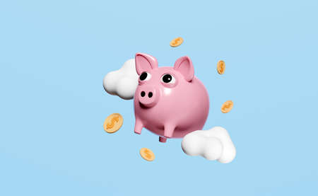 3d pink piggy bank with dollar money coins, cloud isolated on blue background. saving money concept, 3d render illustrationの写真素材