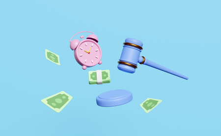 3d judge gavel, hammer auction with stand, banknote, cartoon character alarm clock isolated on blue...