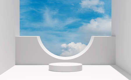 3d gray cylinder stage podium empty with cloud, blue sky background. abstract geometric cosmetic...