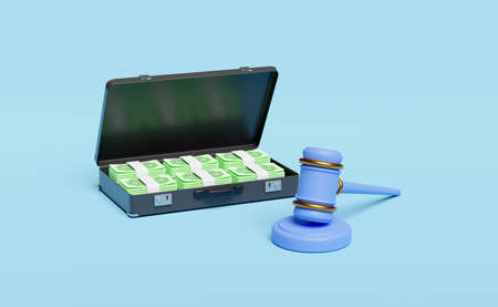 3d judge gavel, hammer auction with stand, pile dollar banknote in black suitcase isolated on blue...