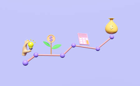 3d business analysis strategy concept isolated on purple background. calculator, charts graph, money...