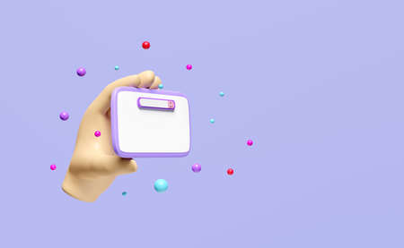 3D hand holds mobile phone, smartphone icons, search engine  with search bar, magnifying isolated on...
