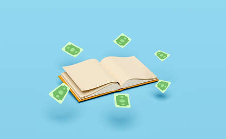 3d money banknote with open book isolated on blue background. education, knowledge creates ideas, education income concept,  3d render illustrationの写真素材