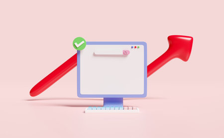 3d computer monitor icons with  arrow graph, check mark, blank search bar isolated on pink background. online shopping, saving money, web browsing, business growth, template, 3d render illustrationの写真素材