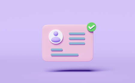 3d Id card icon with check mark isolated on purple background. human resources, plastic card, Job search concept, 3d render illustrationの写真素材