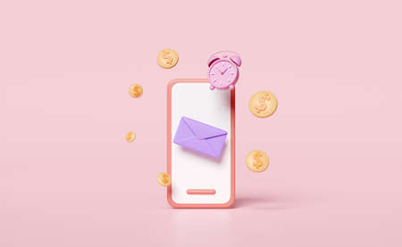 3d mobile phone, smartphone with  envelope, alarm clock wake-up time, coins isolated on pink...