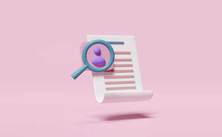 3d Id card with magnifying glass, checklist paper, clipboard isolated on pink background. recruitment staff, human resources, job search, job application concept,  3d render illustrationの写真素材