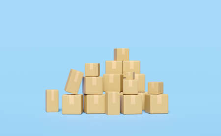 3d stacked goods cardboard box isolated on blue background. concept 3d render illustrationの写真素材