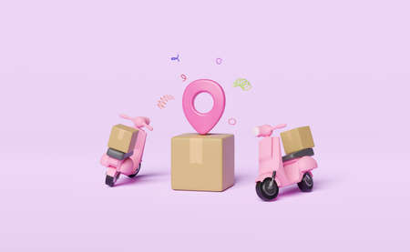 Online delivery or online order tracking pin 3d concept, Fast package shipping with scooter and goods cardboard box on isolated on pink pastel background. 3d render illustrationの写真素材