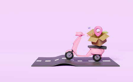 scooter 3d on street with open goods cardboard box, pin isolated on pink background. fast delivery concept, 3d render illustrationの写真素材