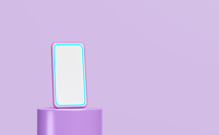 3d mobile smart phone icon with cylinder podium isolated on purple background. showcase pedestal,...