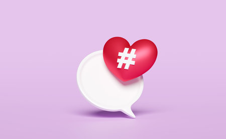 chat bubbles 3d with red heart  tag search for social media notification icon isolated on pink background. minimal design concept, 3d render illustrationの写真素材