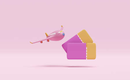 3d airplane ticket booking, summer travel service, planning traveler's tourism isolated on pink...