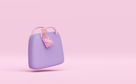 3d minimal shopping paper bags with discount sales icon for shopping online isolated on pink background. price tags coupon, marketing promotion bonuses concept, 3d render illustrationの写真素材