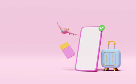 3d mobile phone with suitcase, traveler's luggage, smartphone, pin, check marks icon isolated on...