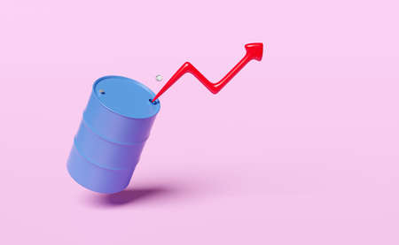 arrow graph 3d with blue oil barrel icon isolated on pink background. petroleum oil industry, oil market business, 200 liters oil tank concept, 3d render illustrationの写真素材