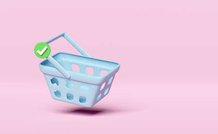 shopping cart, blue basket 3d icon with check marks isolated on pink background. shopping online...