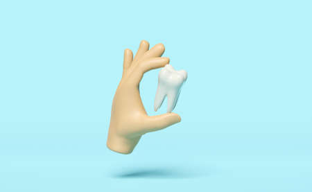 3d hands hold dental molar teeth model icon isolated on blue background. health of white teeth, dental examination of the dentist, 3d render illustrationの写真素材