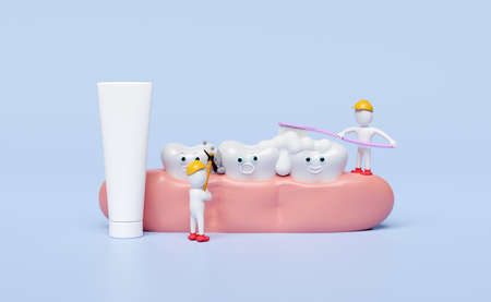 3d stick man cleaning plaque, limestone, dental molar teeth model icon with toothbrush, toothpaste...
