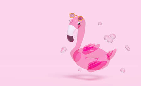 3d pink Inflatable flamingo transparent with water splash, copy space isolated on pink background. summer travel concept, 3d render illustrationの写真素材