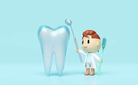 3d miniature cartoon character dentist with dentist mirror, toothbrush, dental molar isolated on blue. check for cavities, dental examination of the dentist, health of white teeth, oral care 3d renderの写真素材