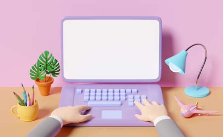 3d businessman using laptop computer on table with lamp, coffee cup, plane isolated on pink...